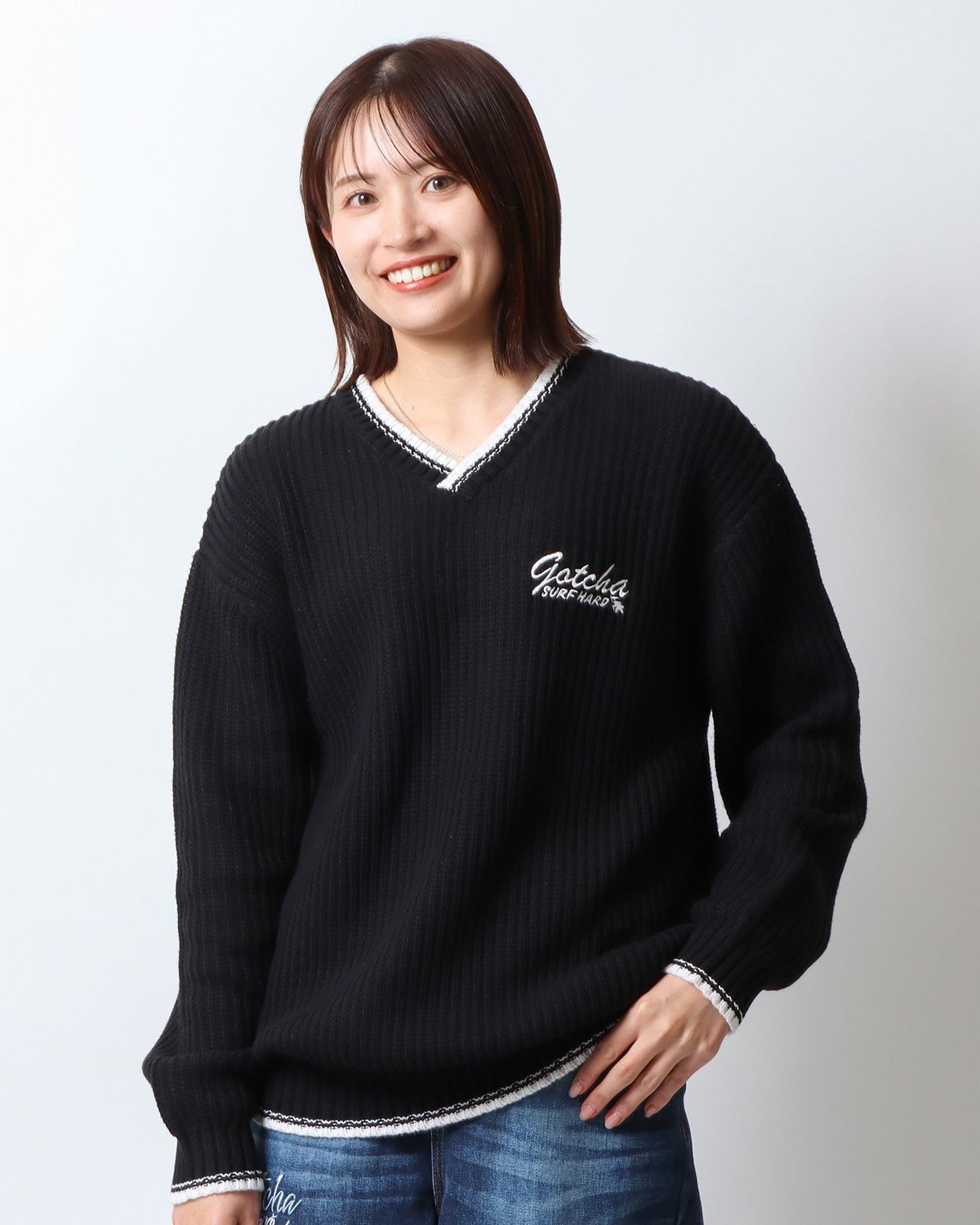 chacha☆ページ GOTCHA] ウォッシャブル リブ ライン Vネック 畦編み セーター | PEET