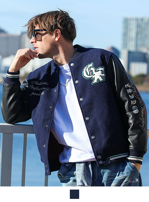 ネイビー:183cm70kg(Lサイズ着用)