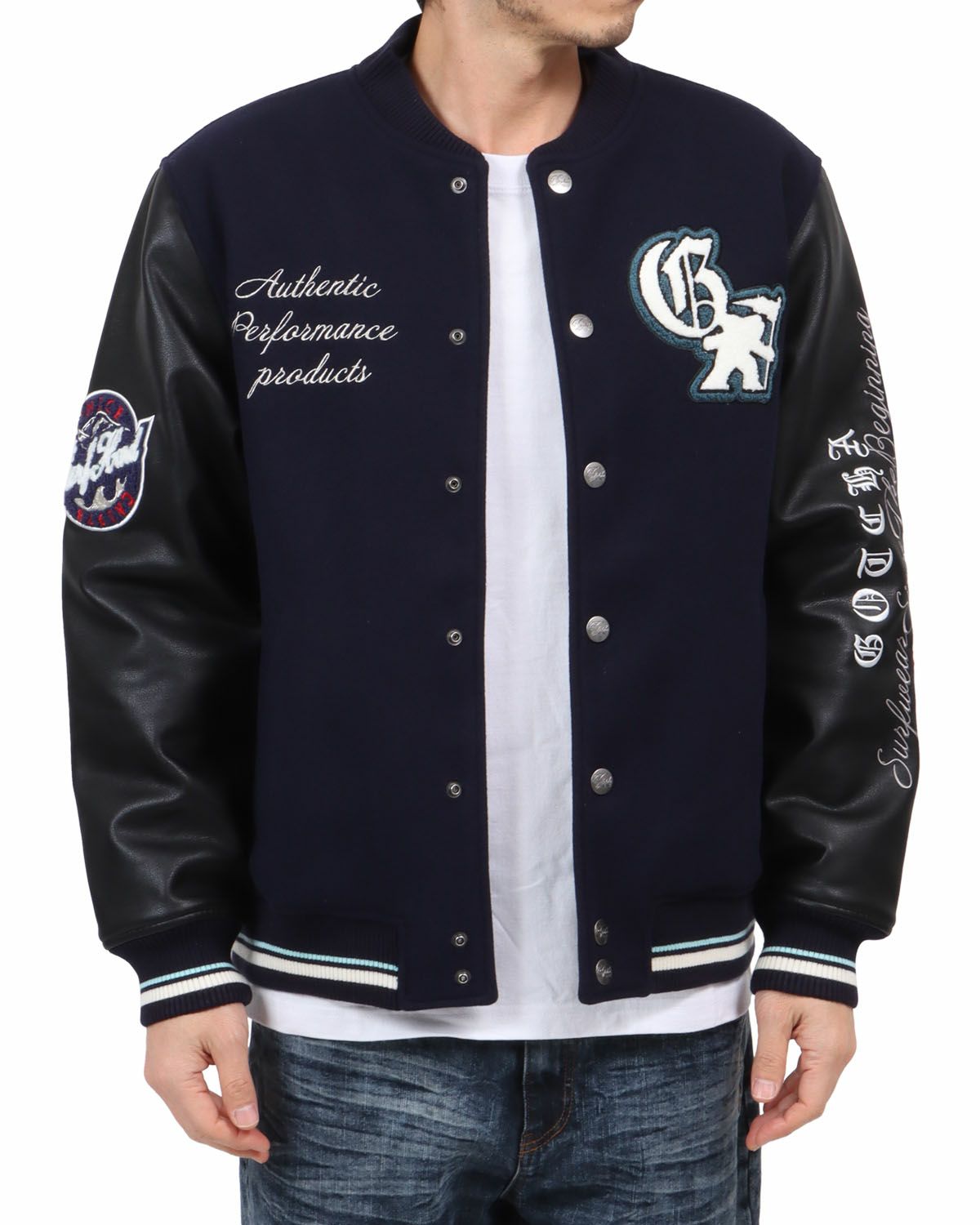 ネイビー：180cm67kg(Lサイズ着用)