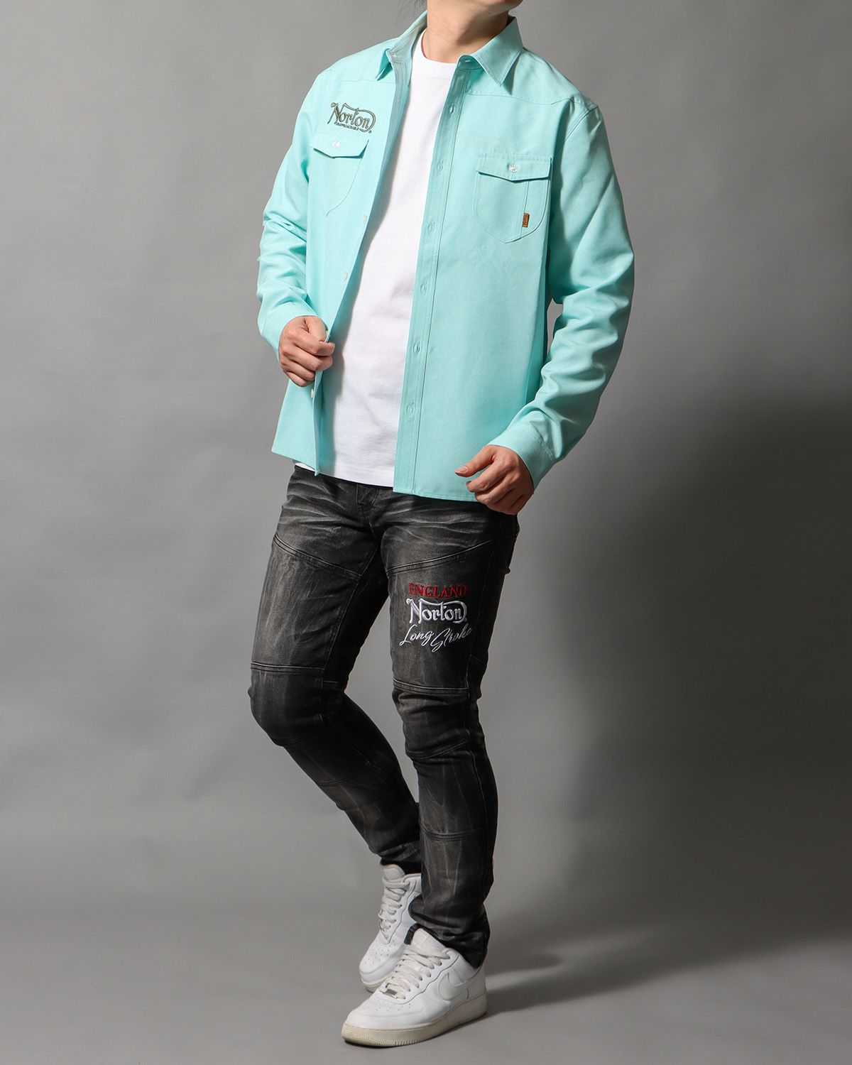 ミントグリーン：178cm/75kg(Lサイズ着用)