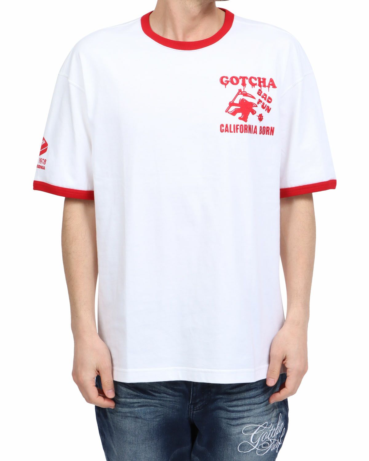 ホワイト：180cm67kg(Lサイズ着用)