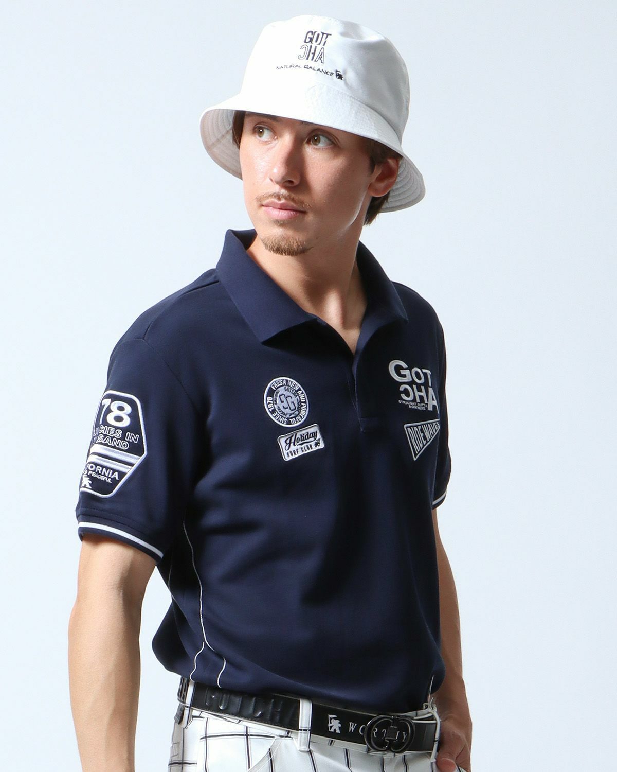 ネイビー：180cm70kg(Lサイズ着用)