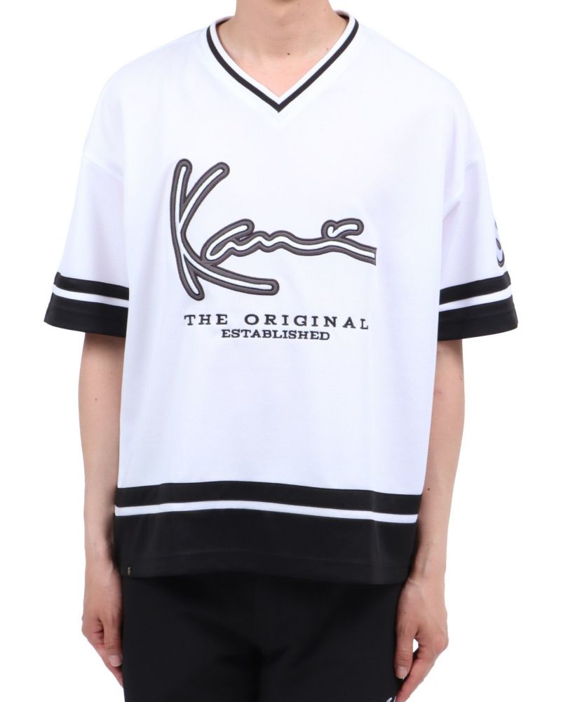 Karl Kani★ ロゴ ピンストライプ Tシャツ カールカナイ Tシャツ デカ刺繍ロゴ Lサイズ ヒップホップ