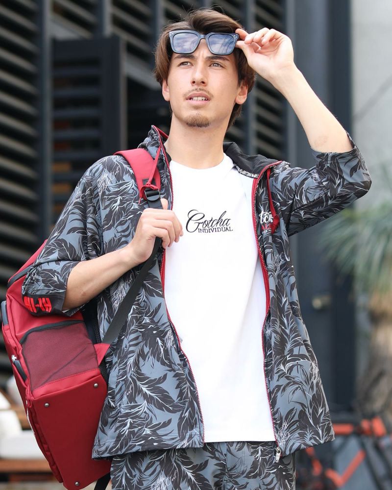 GOTCHA] ハイブリッド 7分袖 切替 リーフ フルジップ パーカー