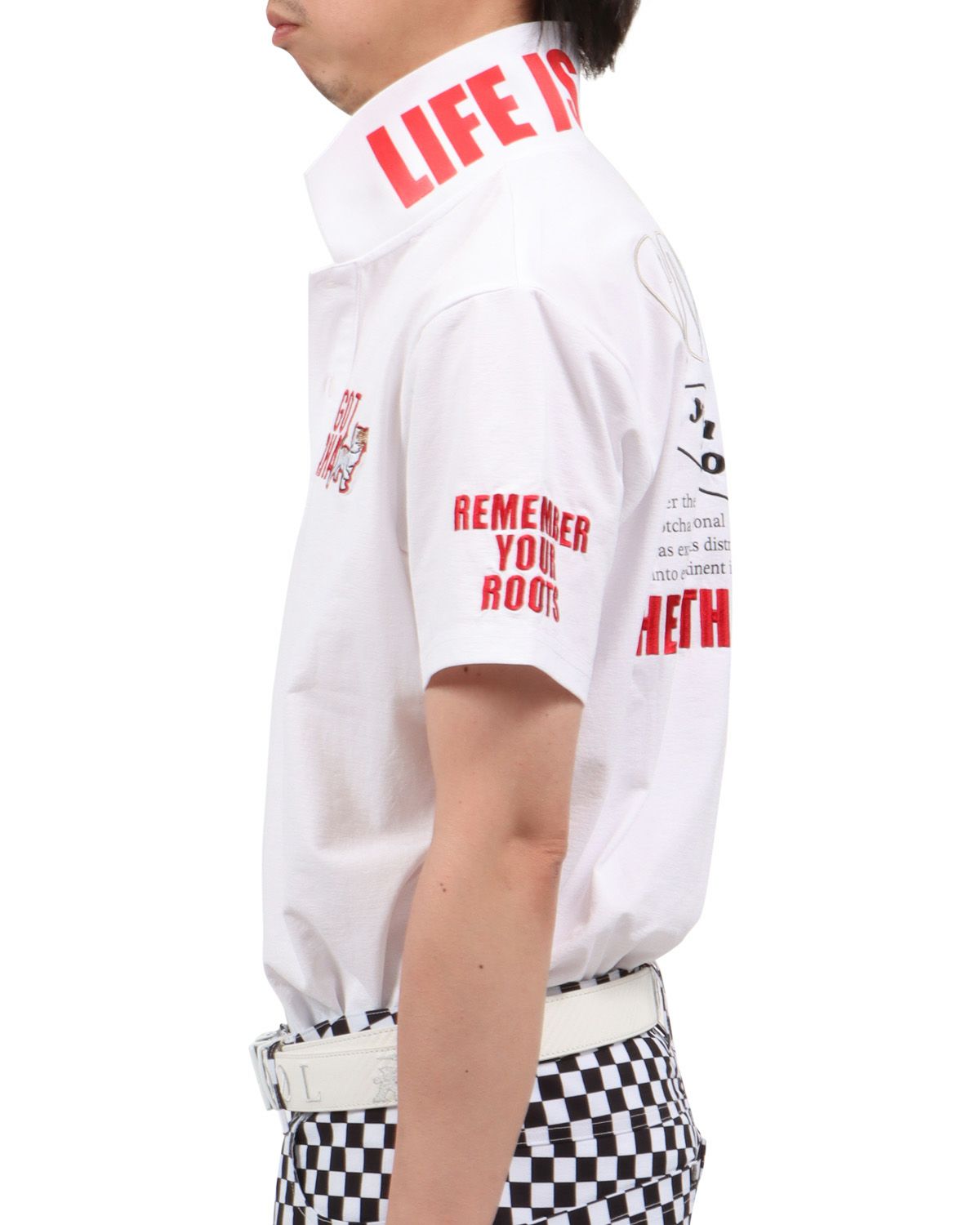 ホワイト：174cm62kg(Lサイズ着用)