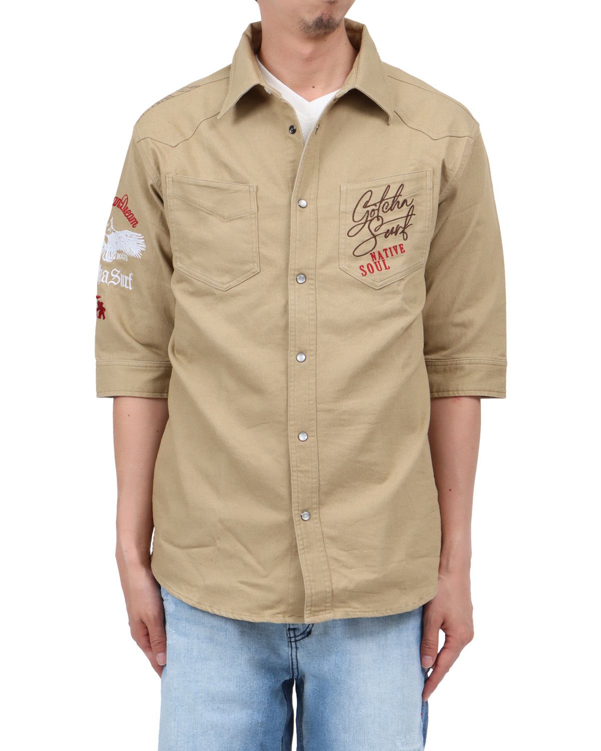 ベージュ：174cm62kg(Lサイズ着用)