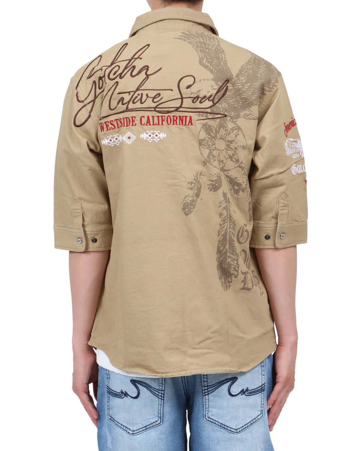 ベージュ：174cm62kg(Lサイズ着用)