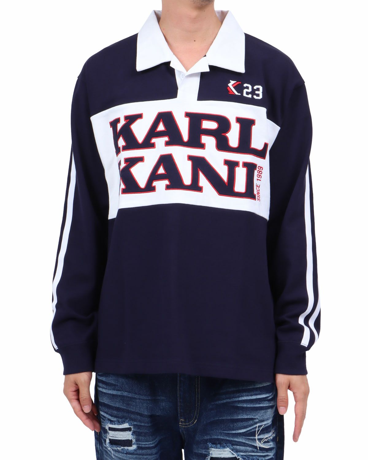 ネイビー：174cm62kg(Lサイズ着用)