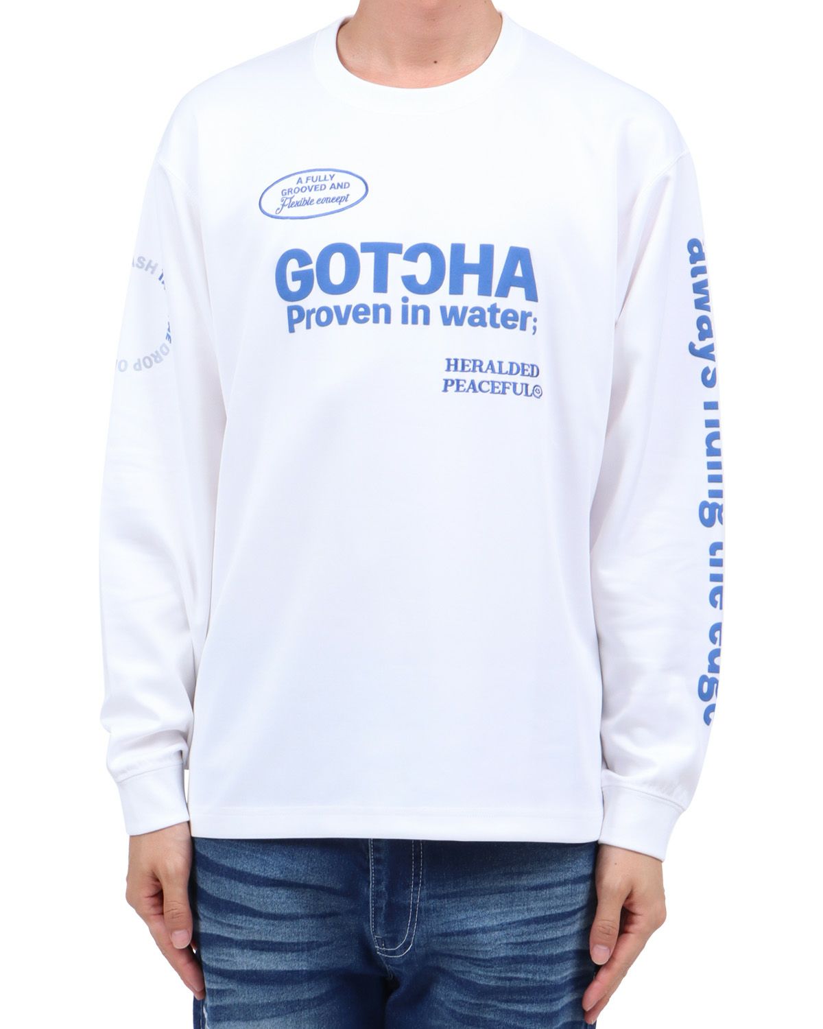 ホワイト：174cm62kg(Lサイズ着用)