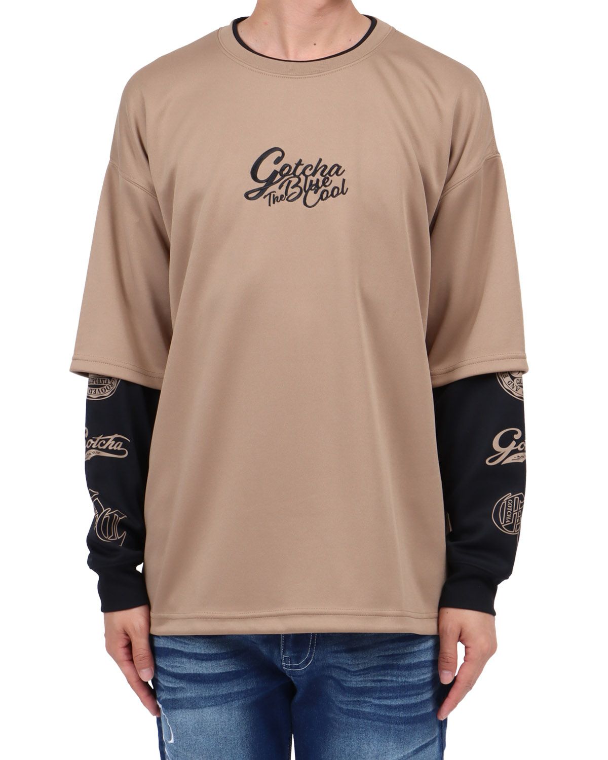 ベージュ：174cm62kg(Lサイズ着用)