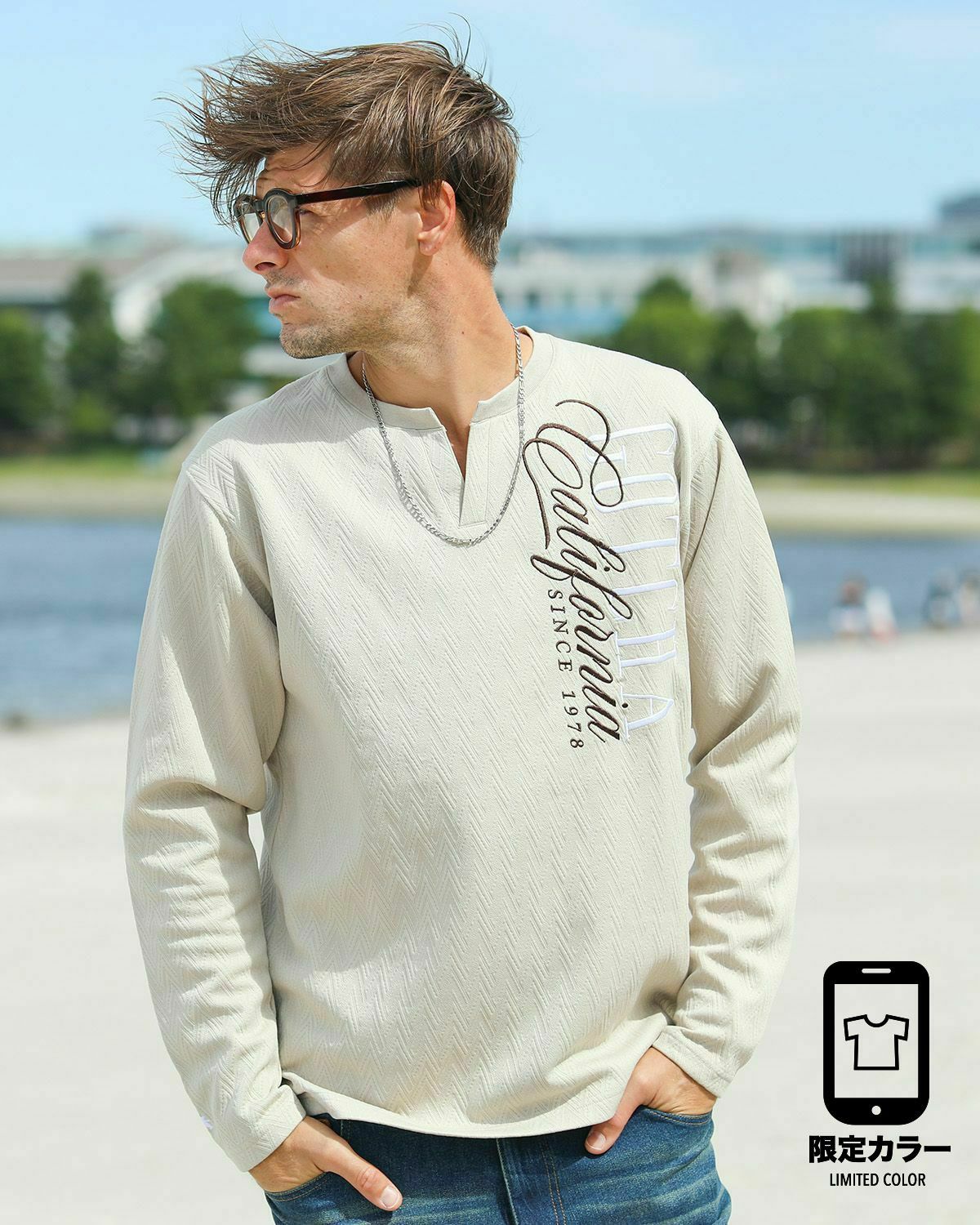 ベージュ：183cm/70kg(Lサイズ着用)