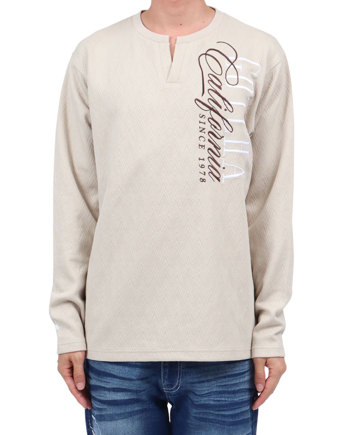 ベージュ：174cm62kg(Lサイズ着用)