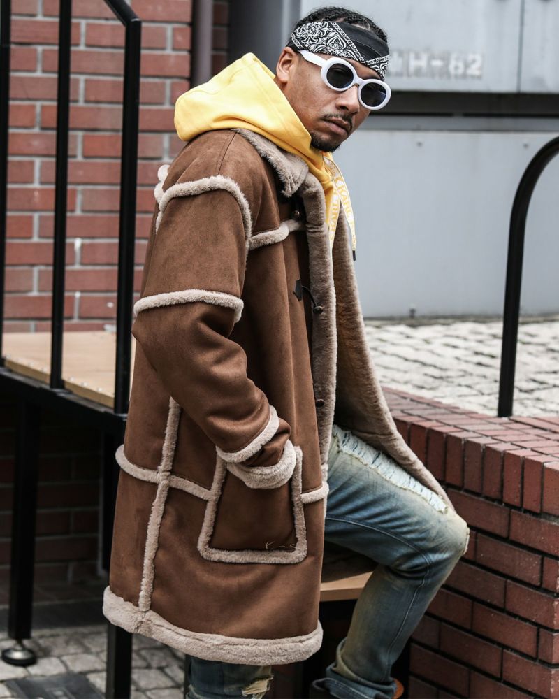 Karl Kani] ファーフード 脱着 フェイクムートン ロングコート | PEET