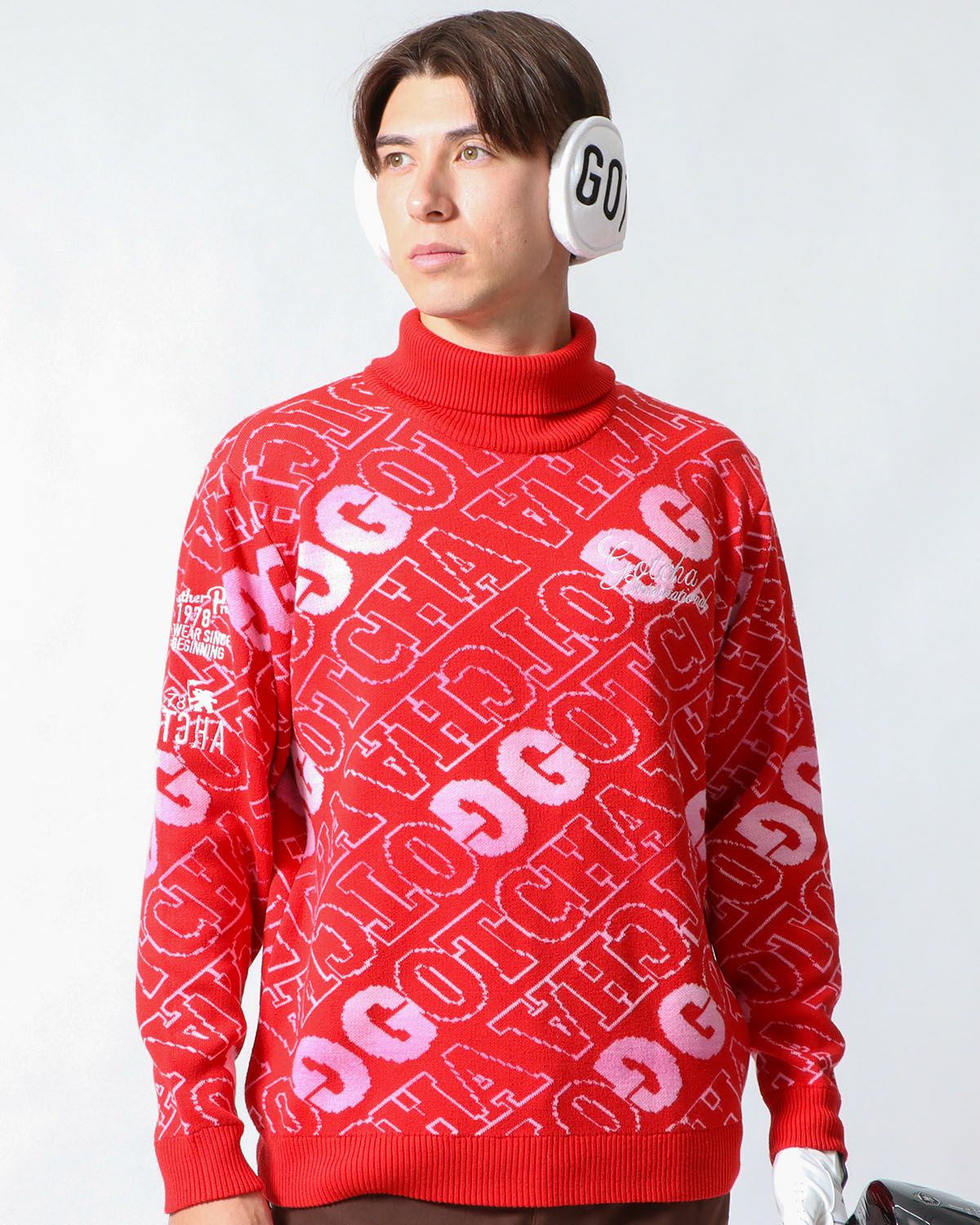 GOTCHA GOLF] 静電気防止 ウォッシャブル 総柄 タートルネック ニット