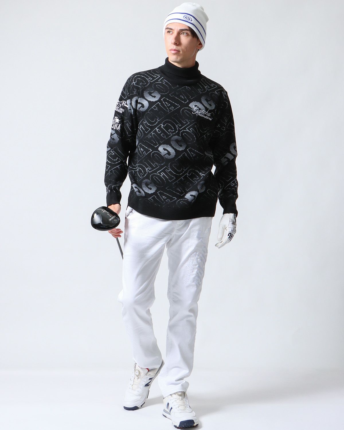 GOTCHA GOLF] 静電気防止 ウォッシャブル 総柄 タートルネック ニット