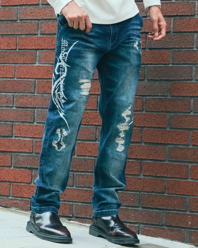 ストレッチ ダメージ トライバル デニムパンツ