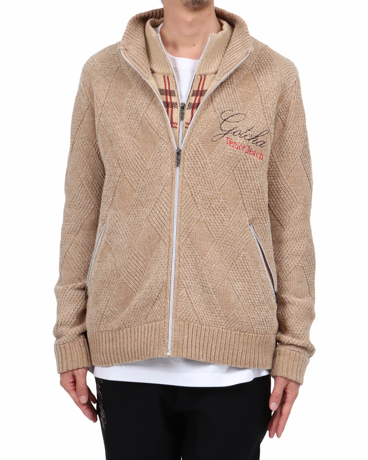 ベージュ：174cm62kg(Lサイズ着用)