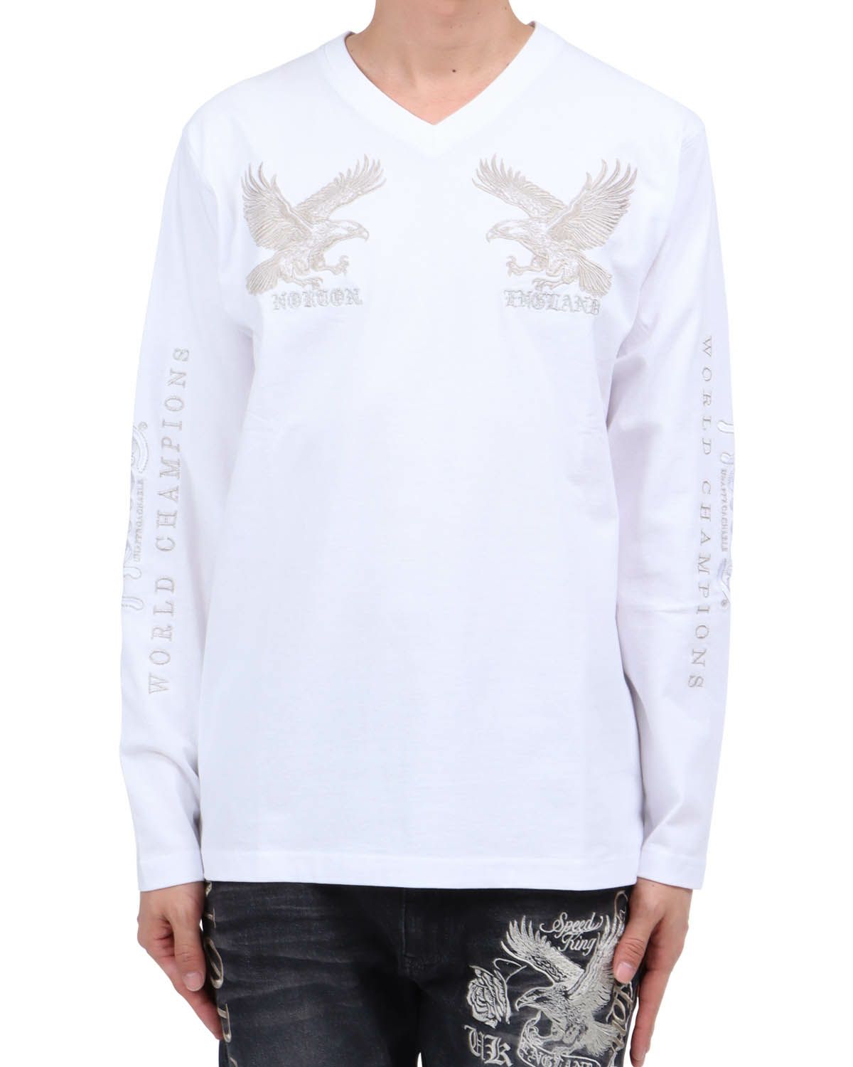 ホワイト：174cm62kg(Lサイズ着用)