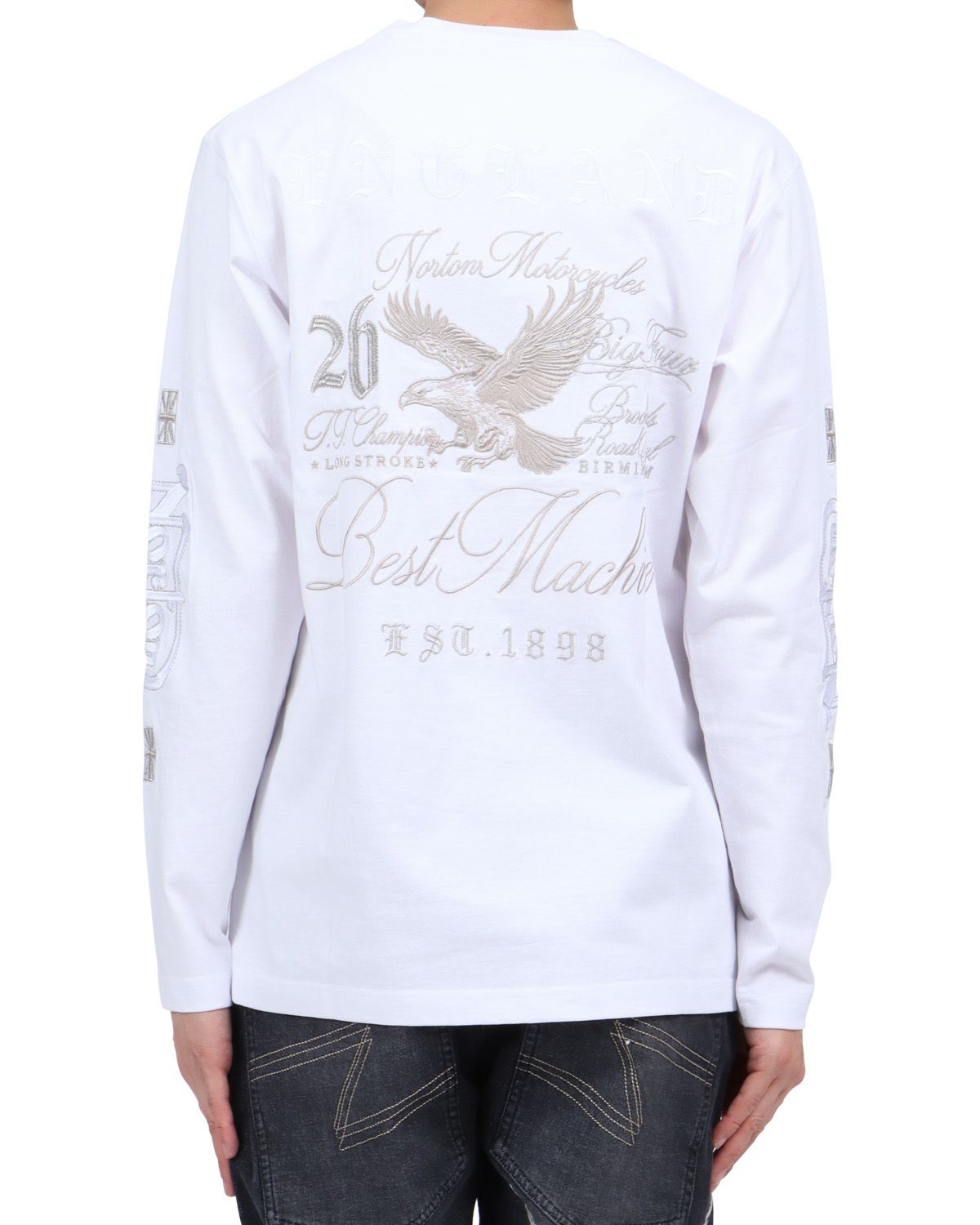 ホワイト：174cm62kg(Lサイズ着用)