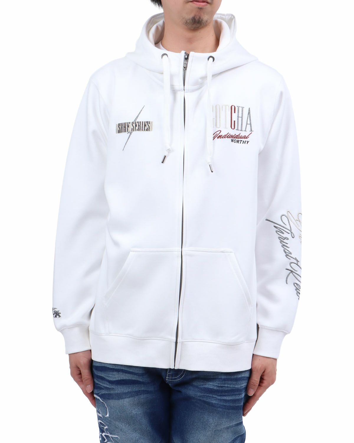 ホワイト：174cm62kg(Lサイズ着用)