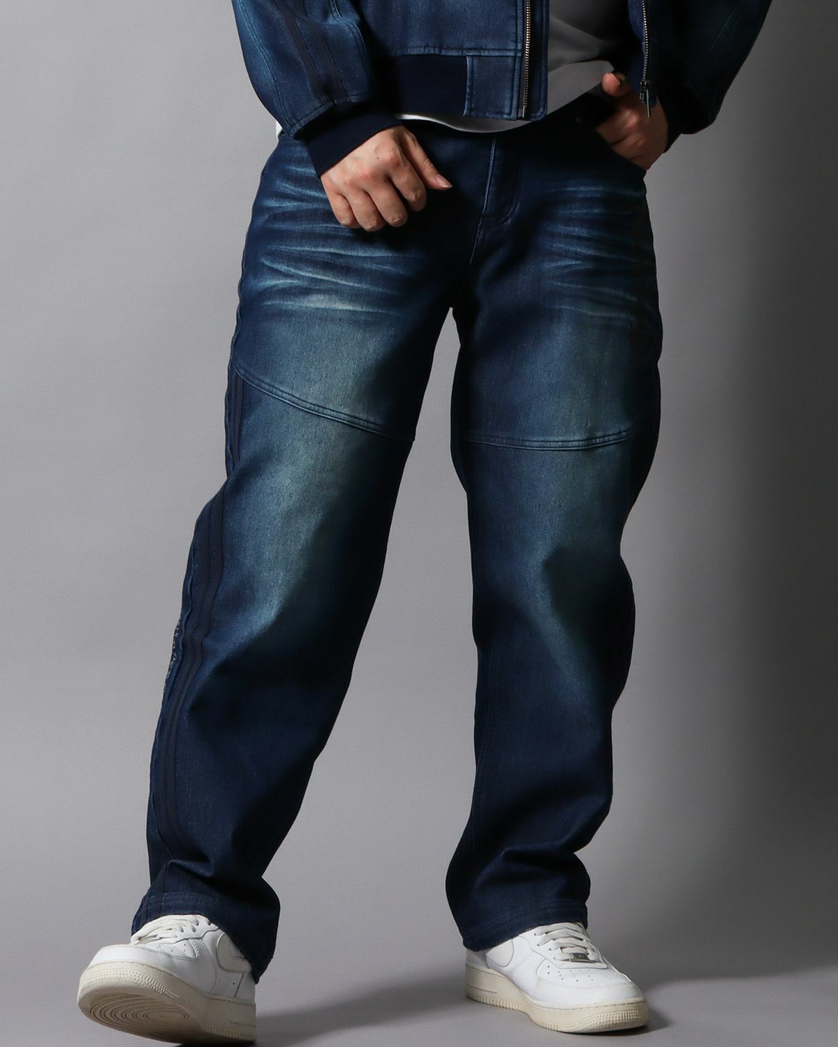 防風 ストレッチ 畝刺繍 ワイド デニムパンツ