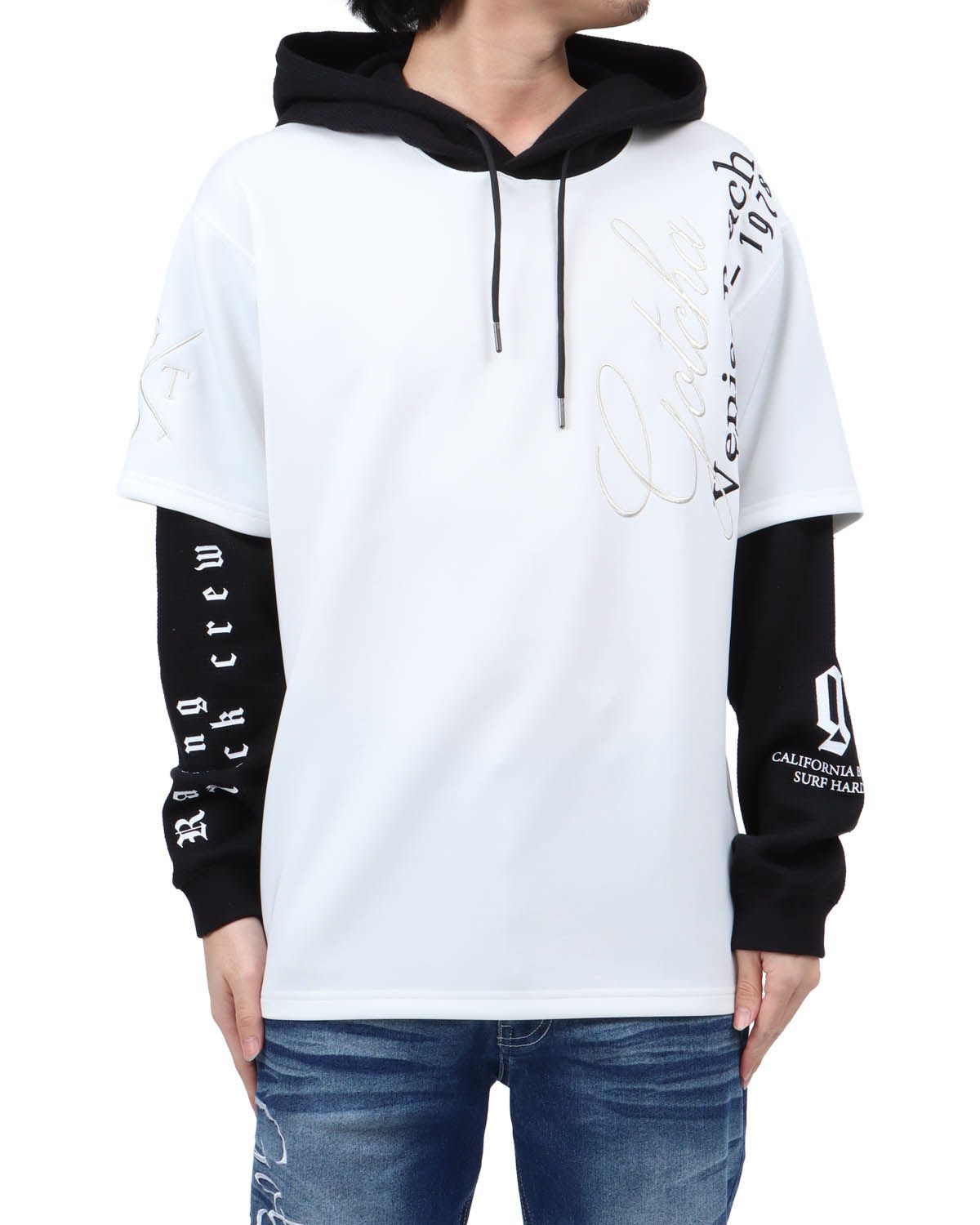 ホワイト：173cm63kg(Lサイズ着用)