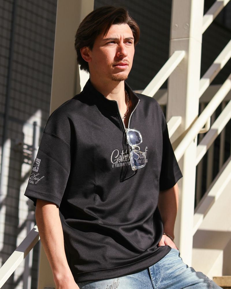 ポンチ モックネック ハーフジップ T